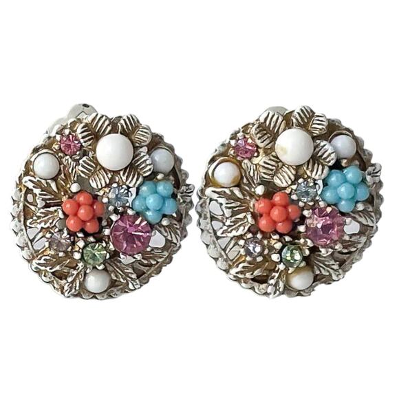 60s ART  Enamel  Beads Pink & Blue Rhinestone Floral Motif Round Clip Earrings - Picture 3 of 3